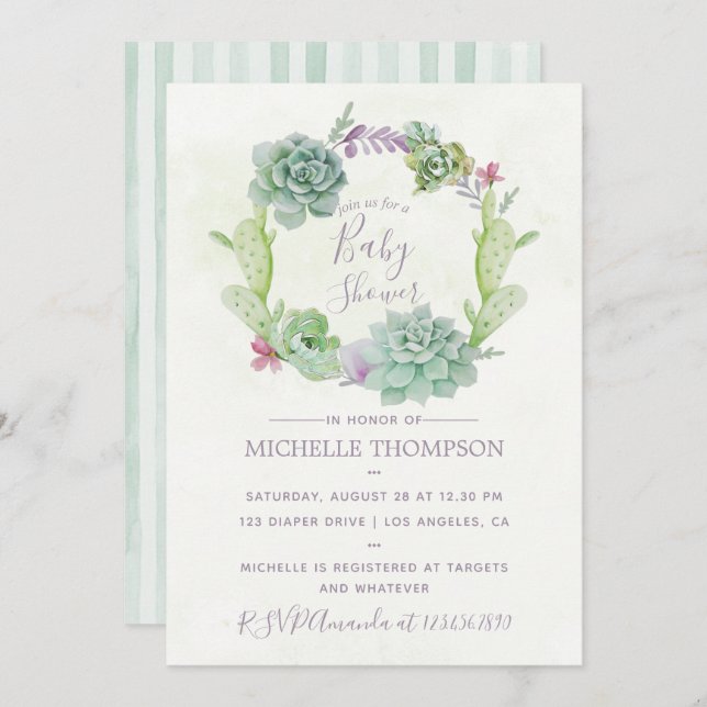 Convite Chá de fraldas de Sucultivos do Cactus Desert Wate (Frente/Verso)