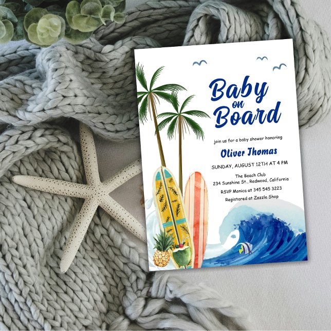 Convite Chá de fraldas de surfboard de onda no oceano azul (Blue Ocean Wave Surfboard Baby Shower Invitation)
