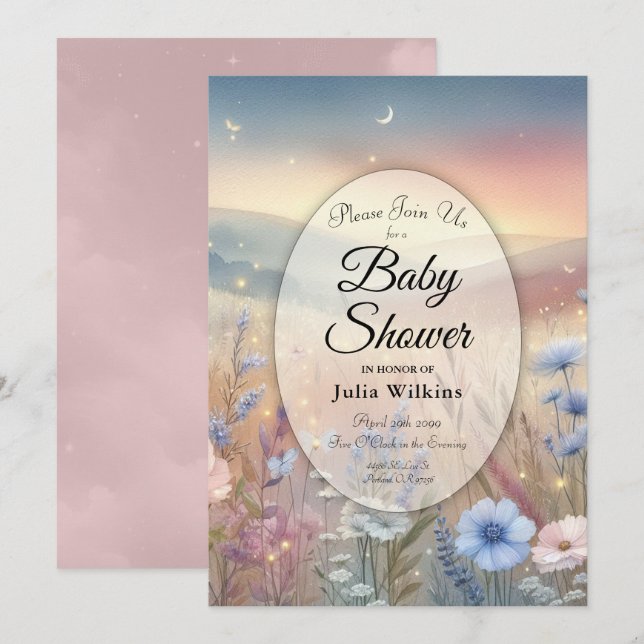 Convite Chá de fraldas de sussurros de flor selvagem lunar (Frente/Verso)