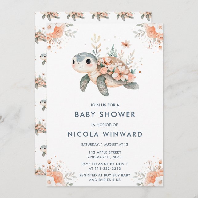 Convite Chá de fraldas de Tartaruga Floral (Frente/Verso)