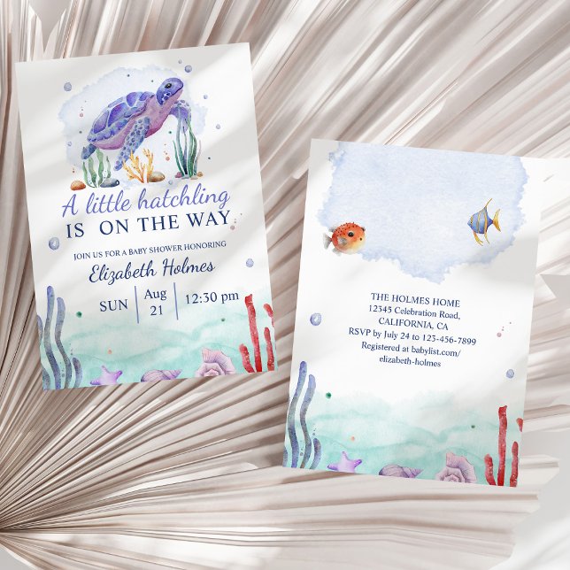 Convite Chá de fraldas de Tartaruga Náutica com Aquarela (Watercolor Nautical Turtle Baby Shower Invitation on a sunny white dry palm leaf.)