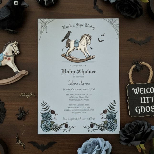 Convite Chá de fraldas de Tchau com Cavalo Azul Gótico (Cute Gothic Halloween Baby Shower Invitation. Rocking Horse & Roses Vintage Rock a Bye Baby Shower)