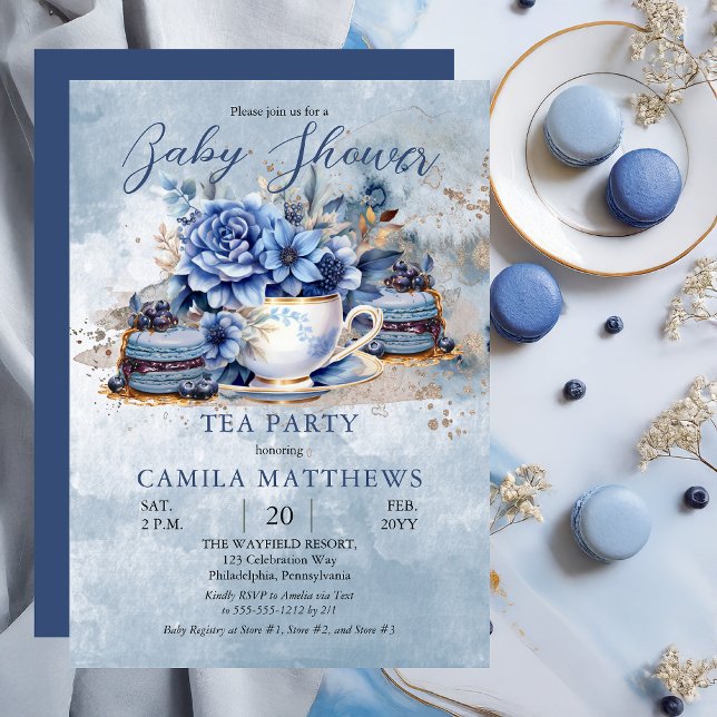Convite Chá de fraldas de Teacup Floral Elegante (Blue Elegant Floral Teacup and Macarons Baby Shower Tea Party Invitation - Print | Digital Download)