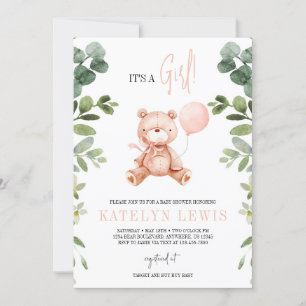Convite Chá de fraldas de Teddy Bear Girl Greenery
