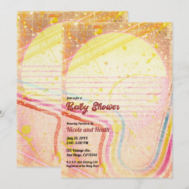 Convite Chá de fraldas de Tema de anos 80 da Imagem Retroa (Frente/Verso)