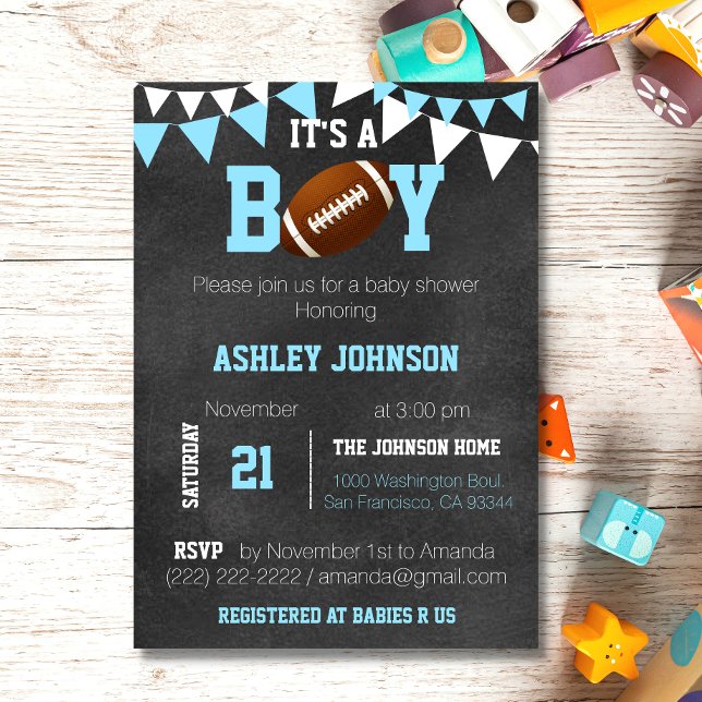 Convite Chá de fraldas de Tema de Futebol do Quadro de Men (Custom Boy Chalkboard Football Sport Theme Baby Shower Invitation)