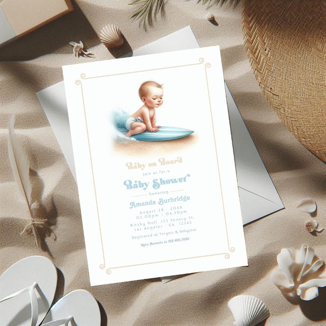 Convite Chá de fraldas de Tema de Navegação no Conselho (Baby on Board Surfing Theme Baby Shower Invitation)