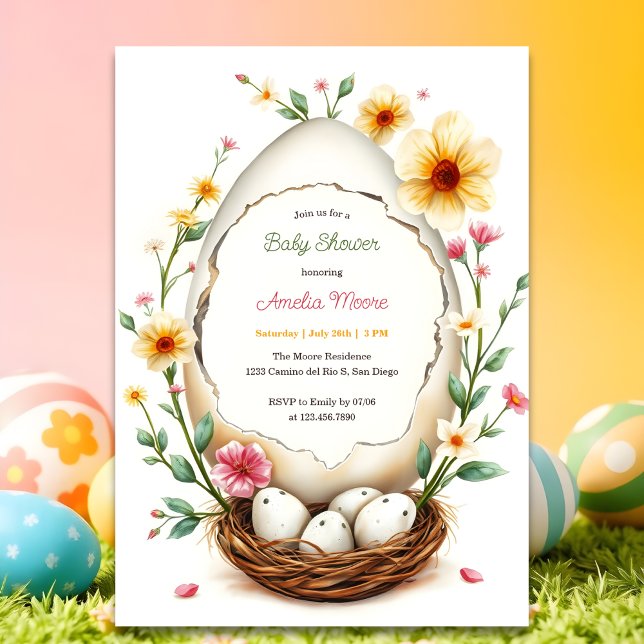 Convite Chá de fraldas de Tema do Ninho de Ovo Floral (Personalized Baby Shower Invitation Floral Egg Nest Theme)