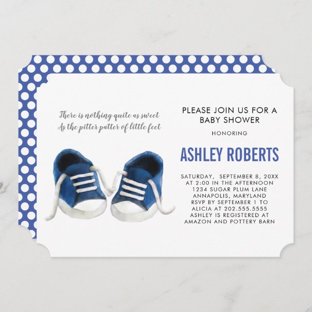 Convite Chá de fraldas de tênis Azul, Menino (Frente/Verso)