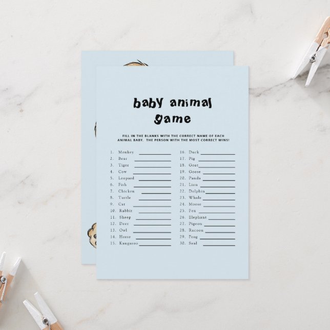 Convite Chá de fraldas de Texto Escuro Jogo Animal Azul (Frente/Verso In Situ)