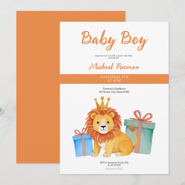 Convite Chá de fraldas de Themed Brown Lion Boy (Frente/Verso)