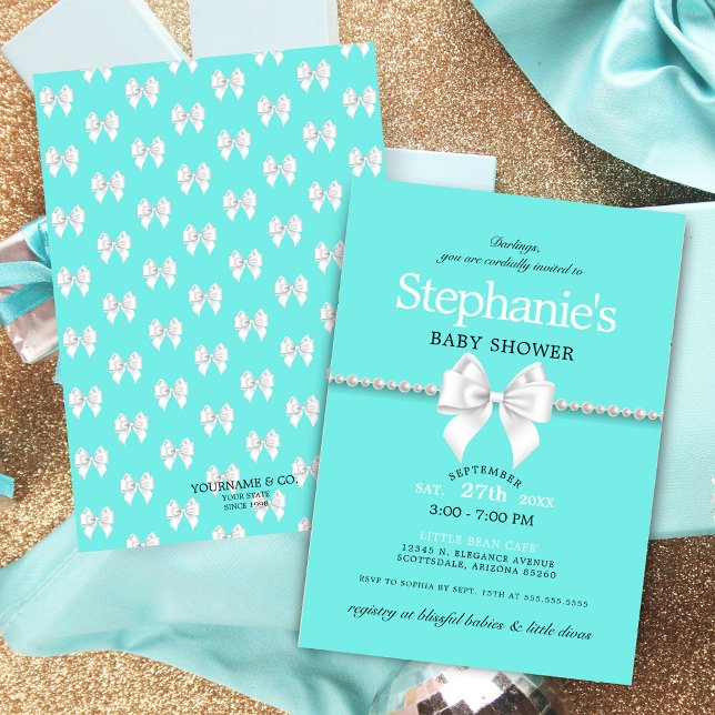 Convite Chá de fraldas de Tiffany Arco Branco Elegante Aqu (Elegant aqua blue teal tiffany theme baby shower with pearls white bow and simple typography script)