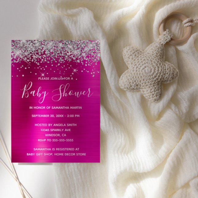 Convite Chá de fraldas de Tinta Rosa Quente da Silver Glit (Silver Glitter Hot Pink Glam Baby Shower Invite)