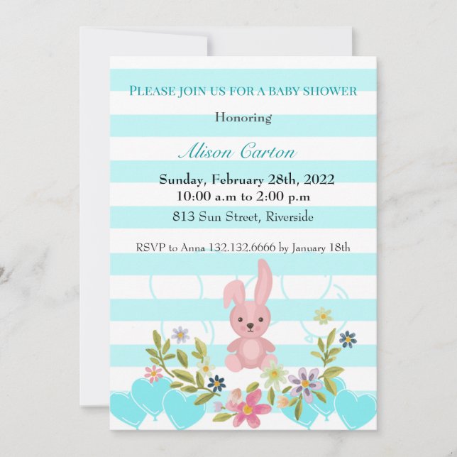 Convite Chá de fraldas de tiras de folhas brancas e azuis (Frente)