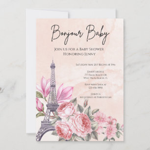 Convite Chá de fraldas de torre Eiffel francês, rosa-paris