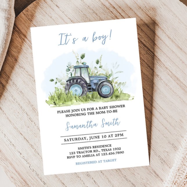 Convite Chá de fraldas de trator azul (Farm Tractor Baby Shower Invitation)