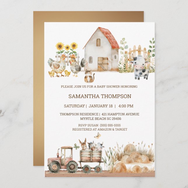 Convite Chá de fraldas de Trator de Animais de Exploração (Frente/Verso)