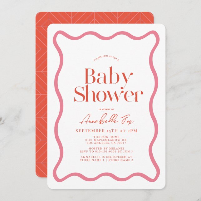 Convite Chá de fraldas de Trendência de Quadro de Onda Ros (Frente/Verso)