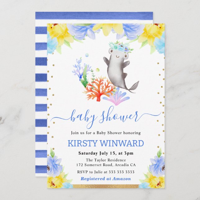 Convite Chá de fraldas de Tubarão Submarino Floral (Frente/Verso)