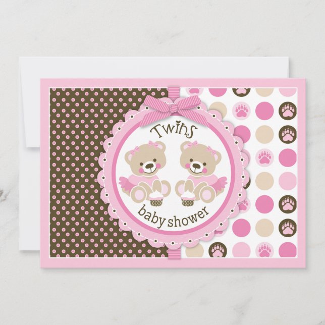 Convite Chá de fraldas de Tutus Teddy Bears Gêmeas (Frente)