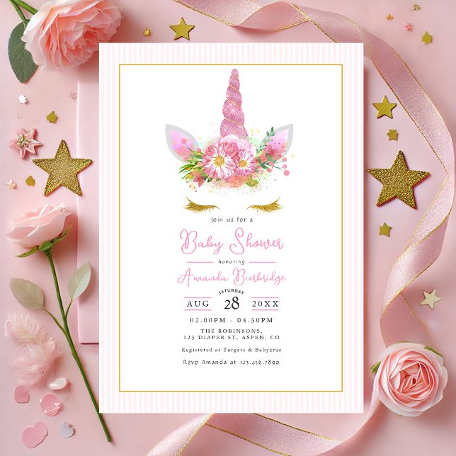 Convite Chá de fraldas de Unicórnio Rosa Mágico (Magical Pink Unicorn Baby Shower Invitation)