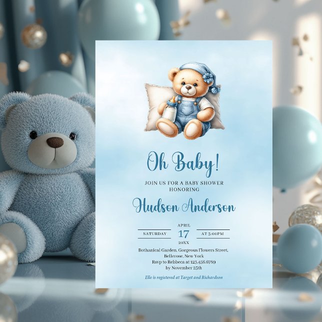 Convite Chá de fraldas de ursinho bonitinho minimalista (minimalist boy baby shower invitation with cute teddy bear)