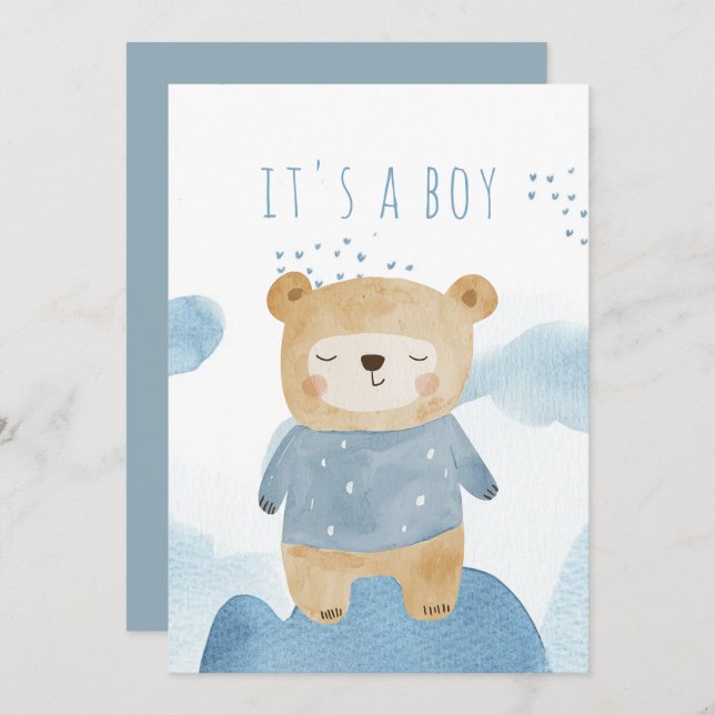 Convite Chá de fraldas de ursinho de pelúcia azul (Frente/Verso)