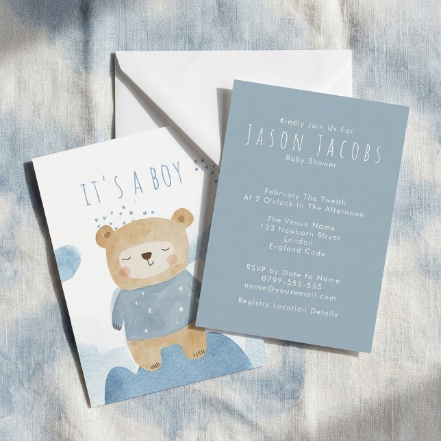 Convite Chá de fraldas de ursinho de pelúcia azul (Blue Watercolor sleepy teddy bear Baby Shower Invitation.)