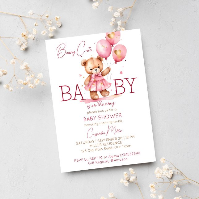 Convite Chá de fraldas de ursinho de pelúcia bonitinha (Beary cute girl teddy bear baby shower template invitation digital download teddy bear pink dress)