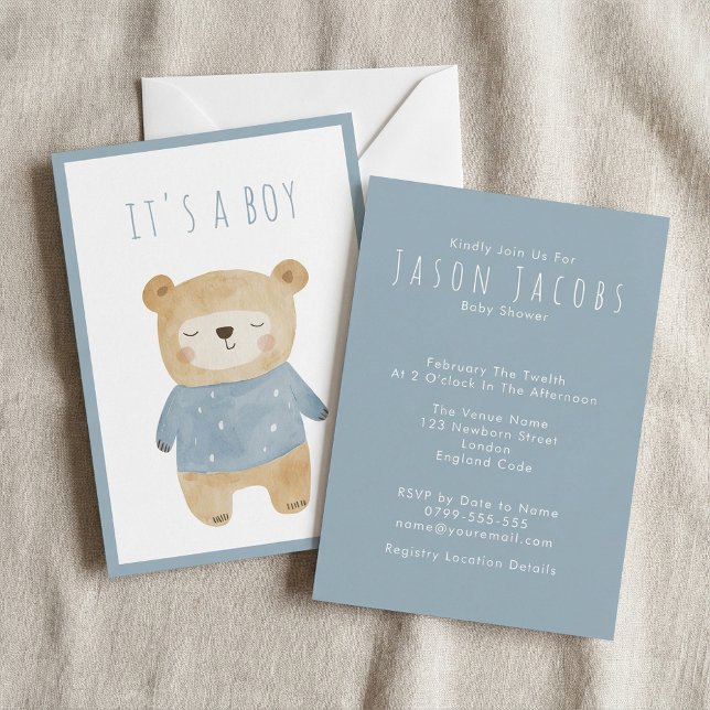 Convite Chá de fraldas de ursinho de pelúcia e sono azul-a (Blue Watercolor cute sleepy teddy bear Baby Shower Invitation.)