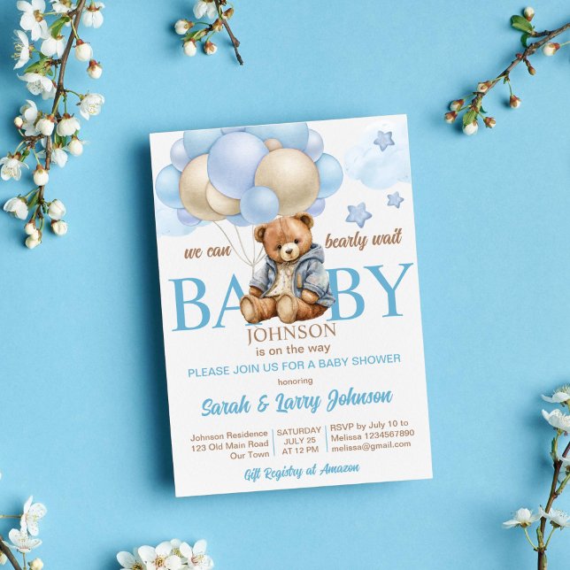 Convite Chá de fraldas de ursinho esperando ursinho giro (Teddy bear with balloons baby shower invitation template instant download cute teddy in a jacket blu)