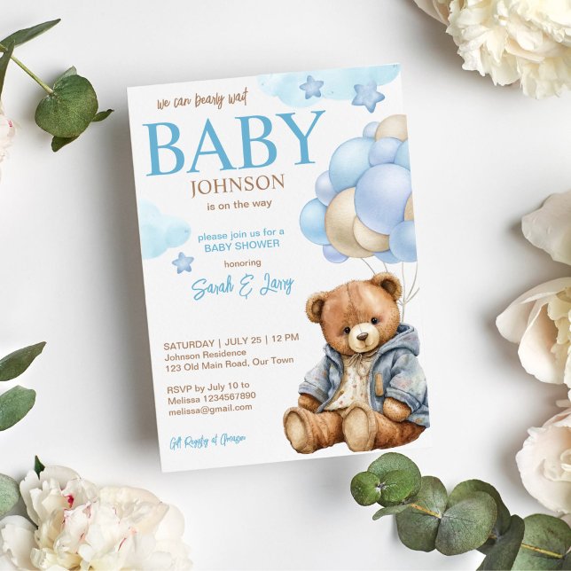 Convite Chá de fraldas de ursinho esperando ursinho giro (Teddy bear in a jacket with balloons baby shower invitation template instant download)