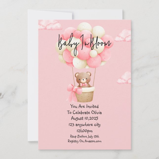 Convite chá de fraldas de ursinho rosa (Frente)