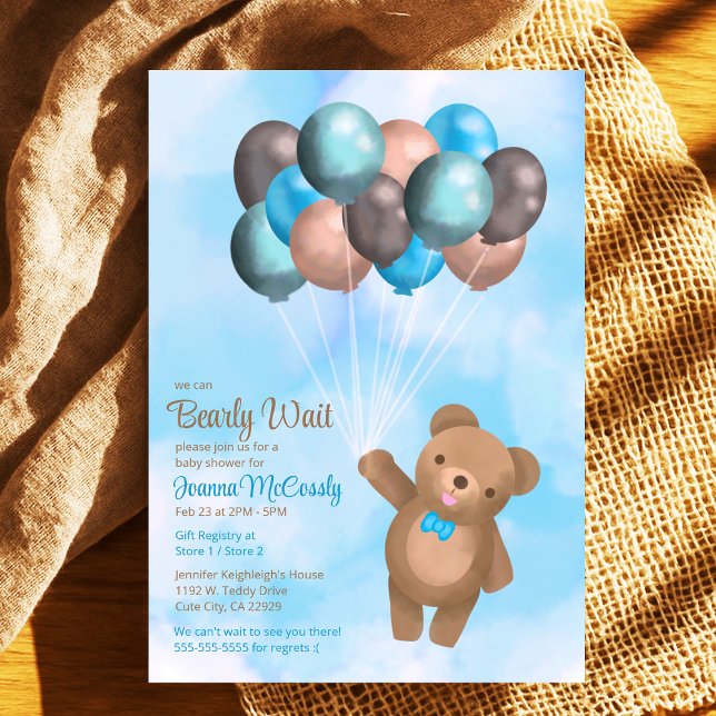 Convite Chá de fraldas de Urso Azul Castanho (Watercolor Blue Brown Balloons Bear Baby Shower Digital Invitation Available in Drop Down Menu)