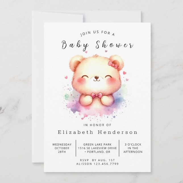 Convite Chá de fraldas de Urso Branco Moderno (Frente)