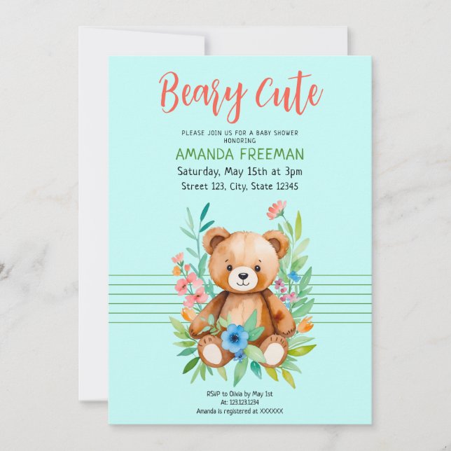 Convite Chá de fraldas de Urso Cinzento com Aquarela (Frente)