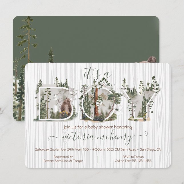 Convite Chá de fraldas de Urso de Aquarela Florestal (Frente/Verso)