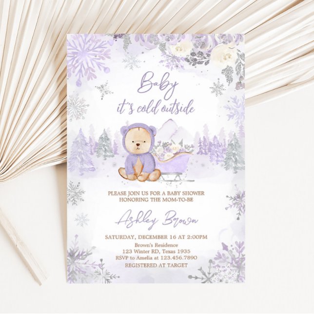 Convite Chá de fraldas de Urso de inverno (Purple Teddy Bear Baby Shower Invitation)