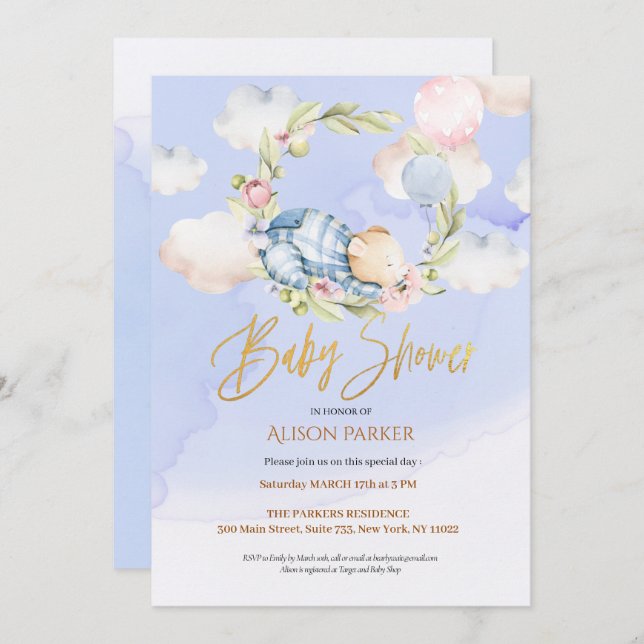 Convite Chá de fraldas de Urso de Teddy da Floresta Bonita (Frente/Verso)