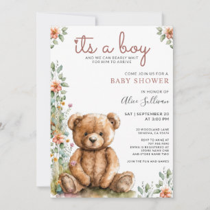 Convite Chá de fraldas de Urso de Urso com Aquarela