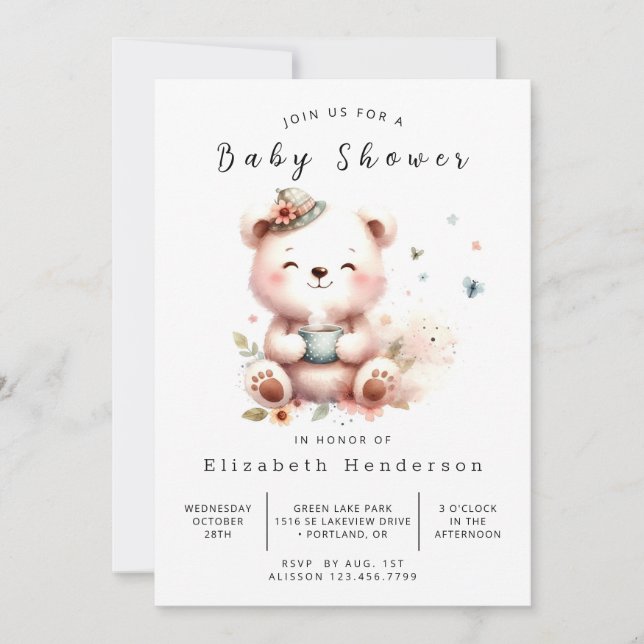 Convite Chá de fraldas de Urso Digital Bohemian (Frente)