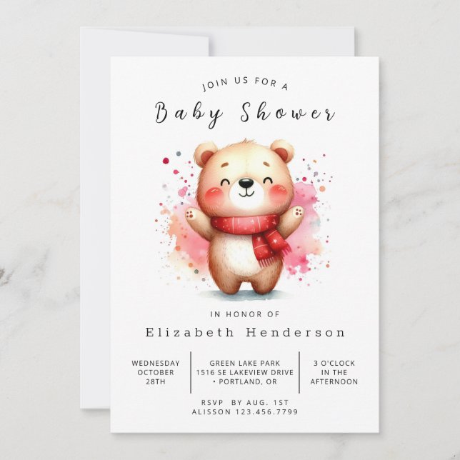 Convite Chá de fraldas de Urso Digital de Aquarela (Frente)