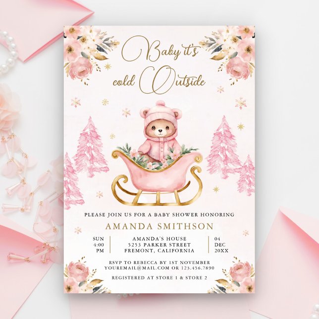 Convite Chá de fraldas de Urso Dourado Floral, Rosa-Invern (Criador carregado)