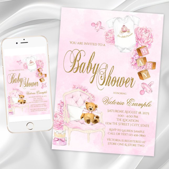 Convite Chá de fraldas de Urso Dourado, Rosa-d-Água, (Girl Watercolor Pink Gold Teddy Bear Baby Shower Invitation. Download and printed available.)