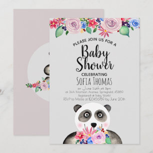 Convite Chá de fraldas de Urso e Flores de Panda de Cor-d