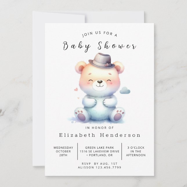 Convite Chá de fraldas de Urso Editável Chic (Frente)