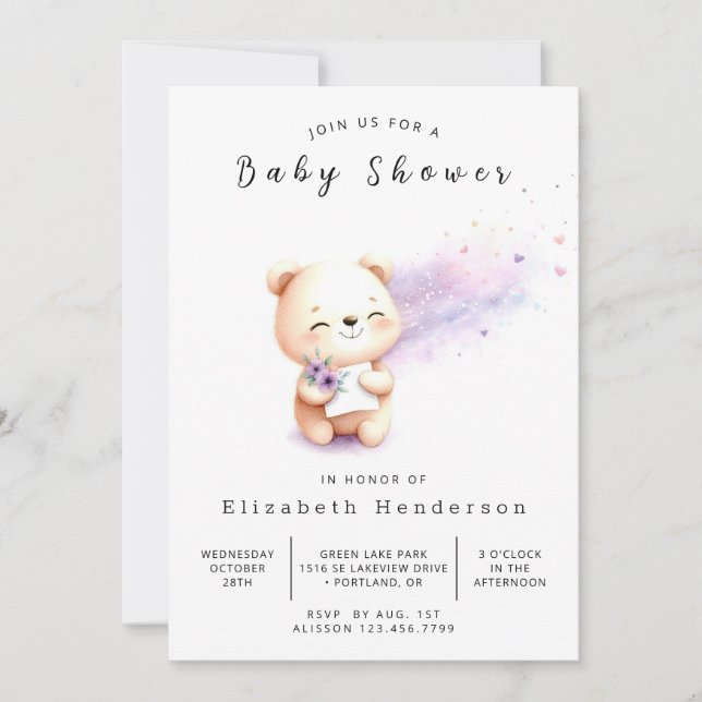 Convite Chá de fraldas de Urso Editável Encantado (Frente)