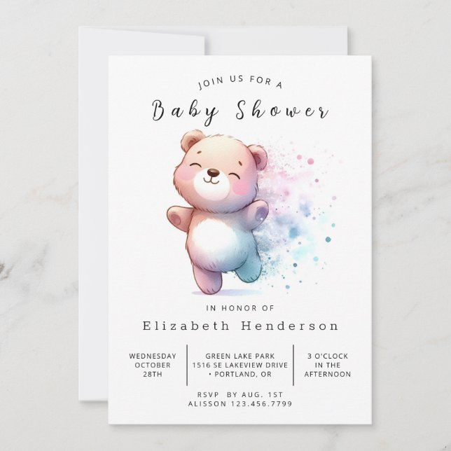Convite Chá de fraldas de Urso Editável Encantado (Frente)