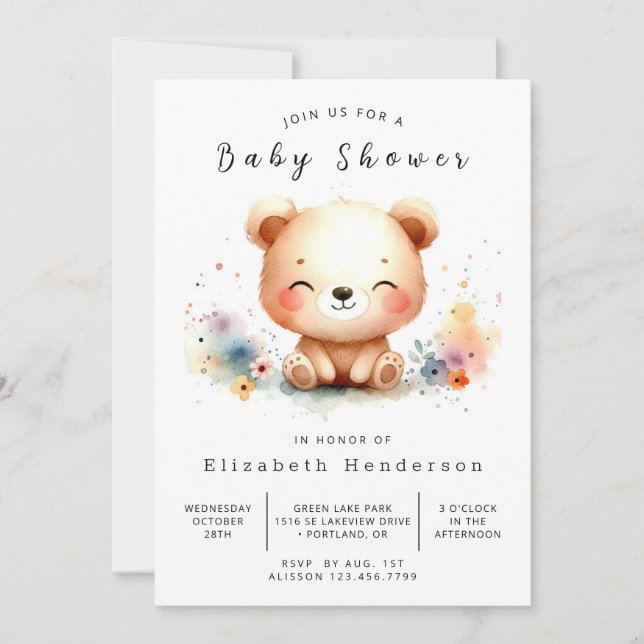 Convite Chá de fraldas de Urso Editável Pastel (Frente)