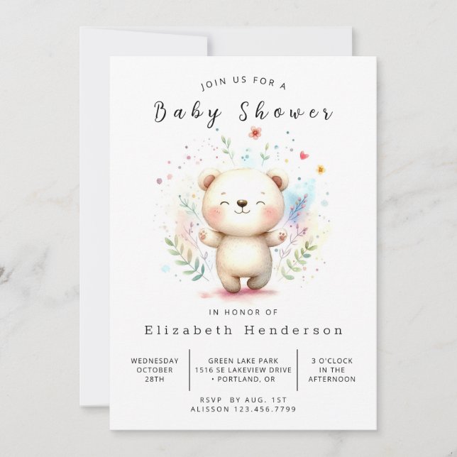 Convite Chá de fraldas de Urso Editável Simples (Frente)